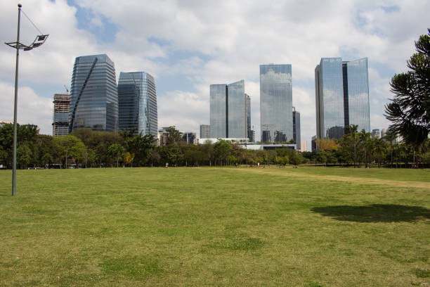 Sao Paulo, SP, Brazil - September 20, 2022: Glass facades of the Corporate Towers and Santander bank headquarters buildings, seen from Parque do Povo (People's Park), in the Itaim neighborhood.