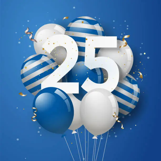 Vector illustration of Happy 25th birthday with blue balloons greeting card background.