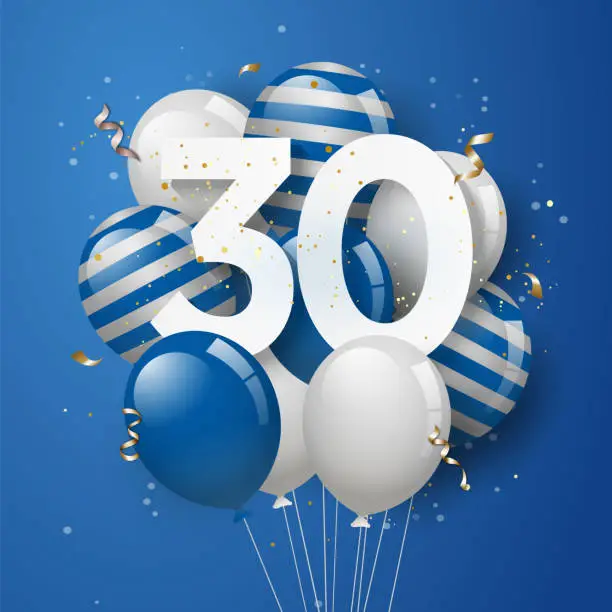 Vector illustration of Happy 30th birthday with blue balloons greeting card background.