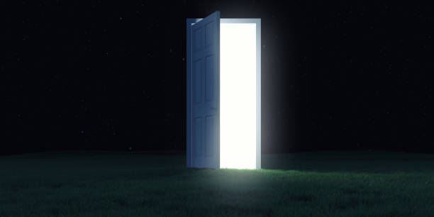 istock Abstract surrealistic illustration. Open door with bright light on night landscape with grass. Creative fantasy ambient art. Modern realistic minimal concept design. 3d render. 1438395325