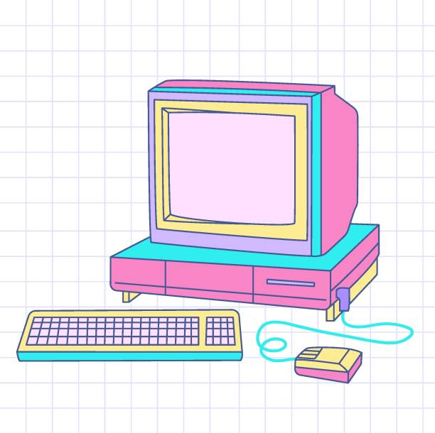 retrowave y2k szt. stary komputer z monitorem crt na tle siatki - nerd technology old fashioned 1980s style stock illustrations