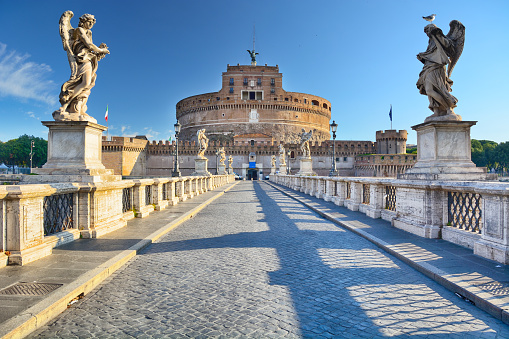 The Castel and the Ponte Sant'Angelo at sunrise, Rome, Italy