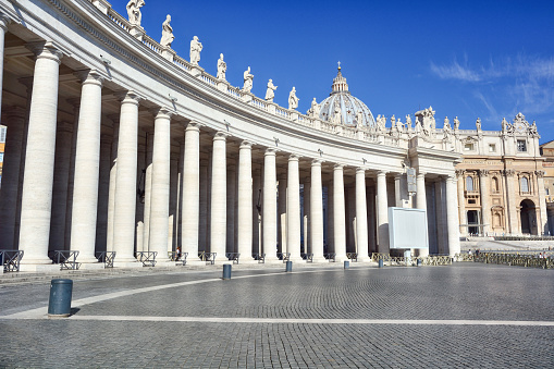 St Peter's Basilica in Vatican, Rome, Italy, Europe. San Pietro Cathedral is famous landmark of Rome. Front view of Catholic church. Concept of Vatican City, Baroque, sightseeing and travel in Rome.