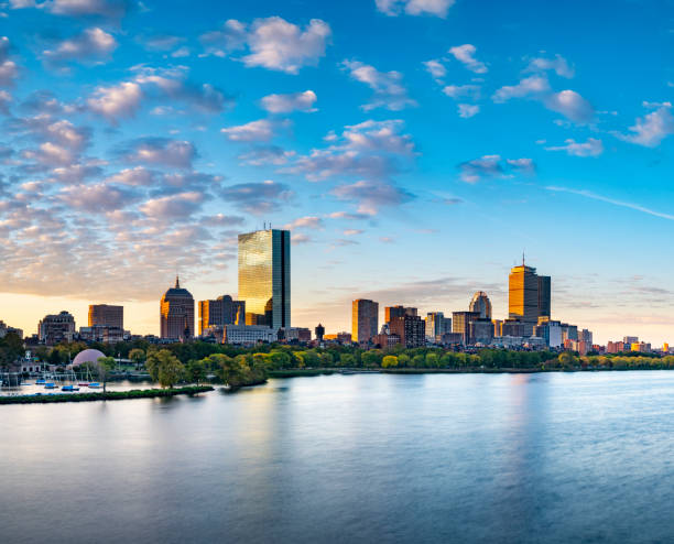 Boston Beacon Hill and Back Bay Skyline and Charles River at Dawn, Massachusetts, USA stock photo