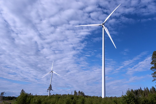 Two modern white windmills stand high above green forest, sunny summer day. Sweden, green energy