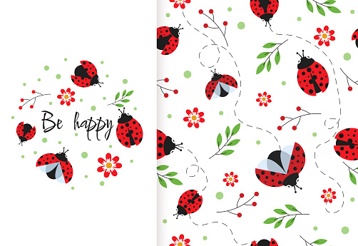 Cute kids pattern with ladybug. Design for greeting card and graphic element for printing on fabric. Insects and plants, flora. Poster, cover or banner for website. Cartoon flat vector illustration