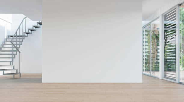 istock Luxury and modern unfurnished living room with an empty wall with copy space and windows 1438399773