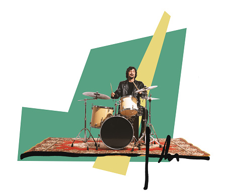 Modern creative artwork, design. Contemporary art collage of young man playing drums isolated over colorful background. Concept of music lifestyle, jazz, rock, rock-n-roll, creativity, imagination, ad
