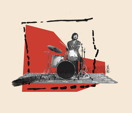 Modern creative artwork, design. Contemporary art collage of young man playing drums isolated over colorful background. Concept of music lifestyle, jazz, rock, rock-n-roll, creativity, imagination, ad