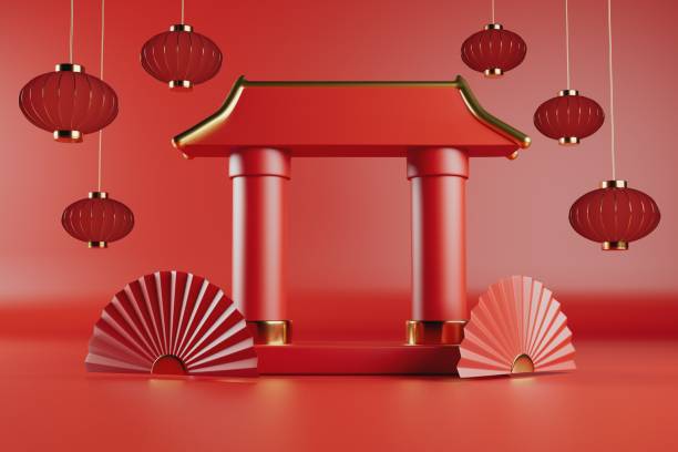 istock Chinese new year composition with gates, lanterns and fans 3d render. 1438400911