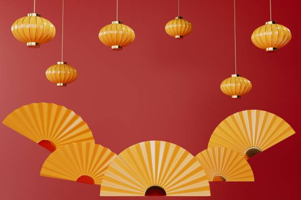 istock Chinese new year composition with yellow lanterns and fans 3d render. 1438400917