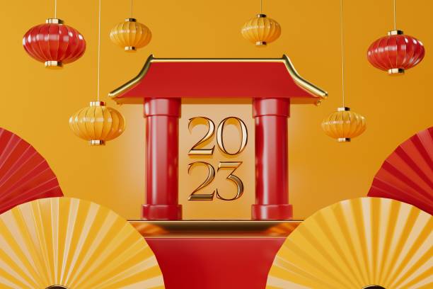 istock Chinese new year composition with gates, lanterns and fans 3d render. 1438400923