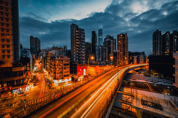 istock Neon night rush hour traffic cityscape, Hong Kong 1438401125