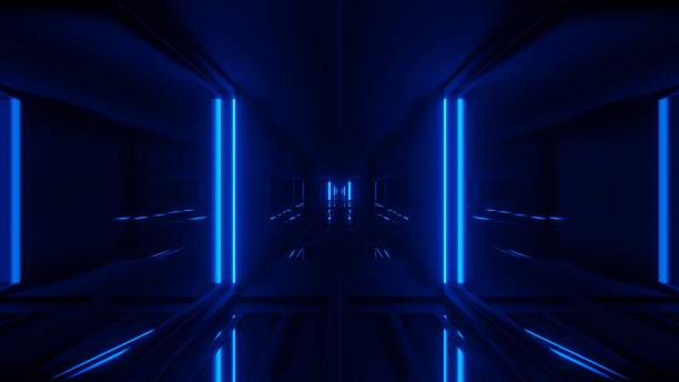 istock Rendering abstract futuristic background with a glowing neon blue lights 1438401251