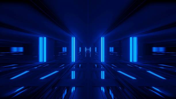 istock Rendering abstract futuristic background with a glowing neon blue lights 1438401531