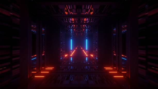 istock Rendering abstract futuristic background with a glowing neon blue and orange lights 1438401833