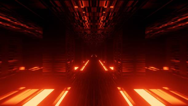 istock Rendering abstract futuristic background with a glowing neon orange lights 1438401874