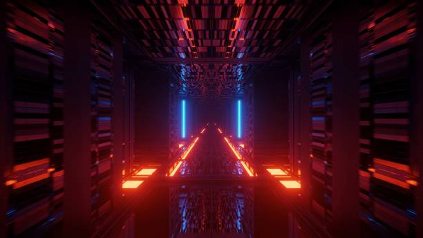 istock Rendering abstract futuristic background with a glowing neon blue and orange lights 1438401893