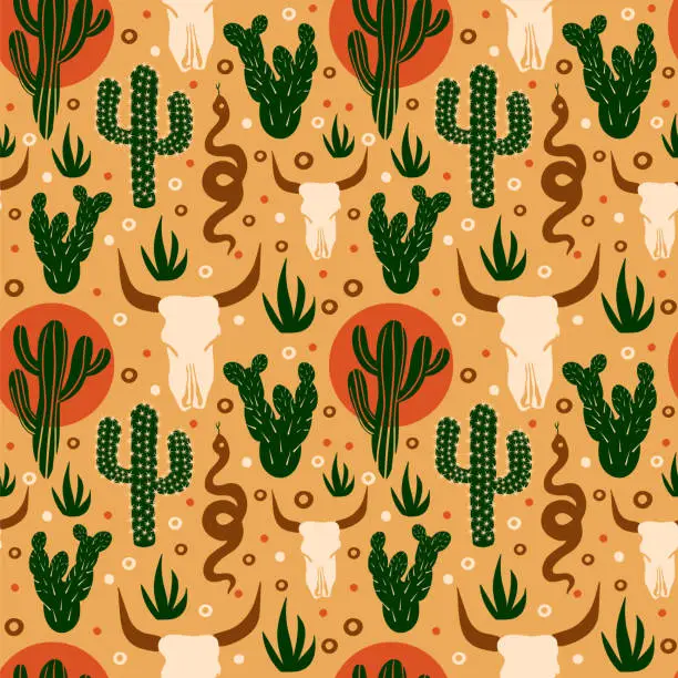 Vector illustration of Wild West seamless pattern. Cacti, skull in the desert. Vector illustration