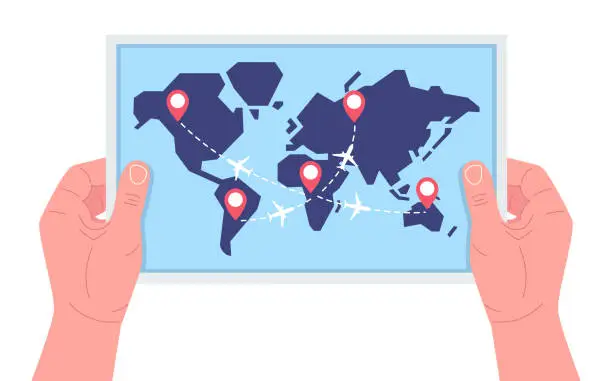 Vector illustration of Hands holding a tourist map of the world with the route of airplanes. Vector illustration.