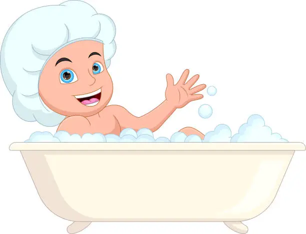 Vector illustration of Cute little boy taking a bath