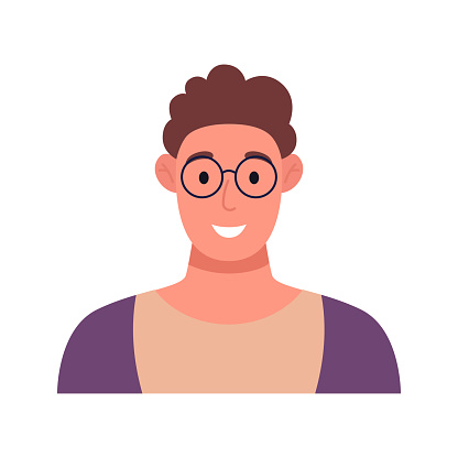 Curly guy in glasses. Male character icon. Vector flat illustration.