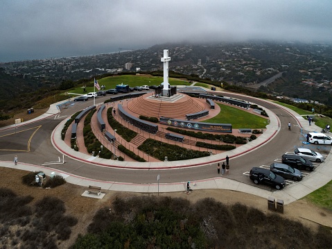 San Diego, United States – July 27, 2021: An Aerial view of Mt. Soledad National Veterans Memorial with misty background