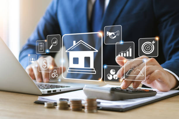 istock Real Estate Concept, Home Loan Application, Evergy Performance Assessment and Property Value with Location Icon. Contracts and price diagrams. 1438406408
