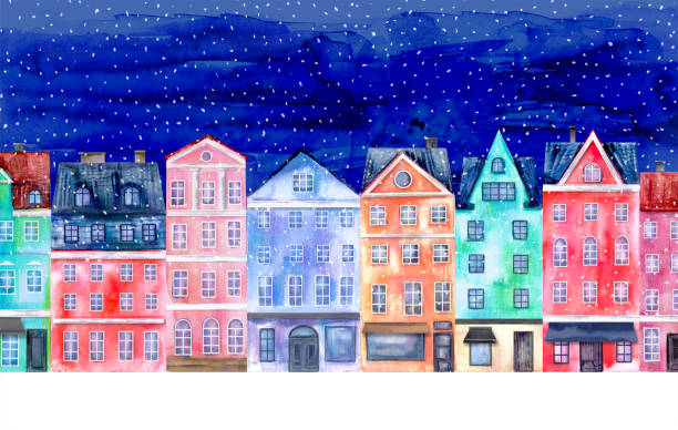 handgezeichnete aquarellcollagehäuser in hellen farben, winternachtshimmel, schneeflocken - copenhagen illness night travel stock-grafiken, -clipart, -cartoons und -symbole