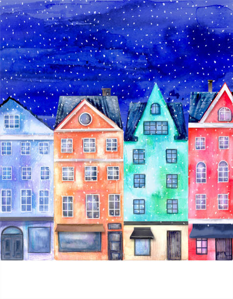 ilustrações, clipart, desenhos animados e ícones de casas de colagem de aquarela desenhadas à mão em cores brilhantes, céu noturno de inverno, flocos de neve - copenhagen illness night travel