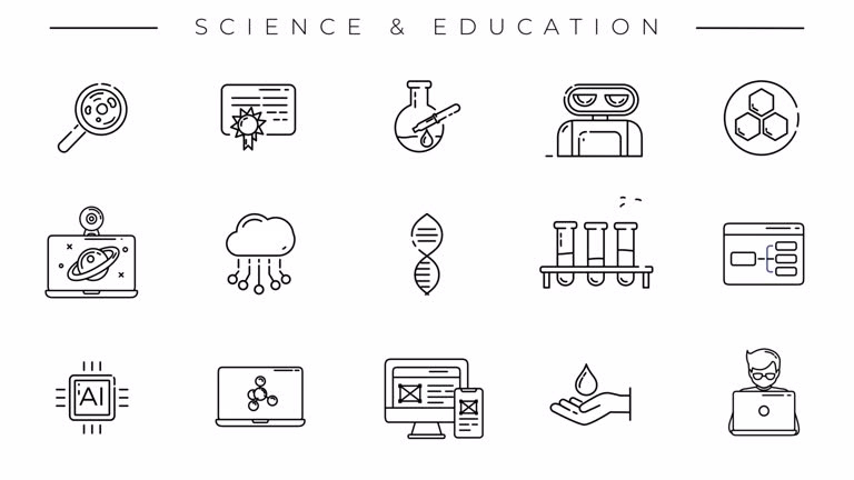 Science and Education collection of black line icons on the alpha channel.