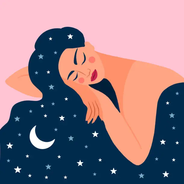 Vector illustration of sleeping girl with long hair. woman dreaming in night sky and stars. vector illustration
