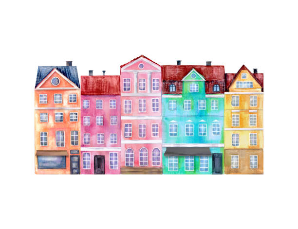 handgezeichnete aquarellcollagehäuser in leuchtenden farben - copenhagen illness night travel stock-grafiken, -clipart, -cartoons und -symbole