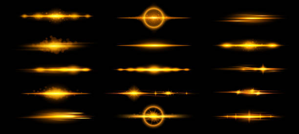 ilustrações de stock, clip art, desenhos animados e ícones de yellow lens flares. horizontal light beam, golden glow streaks and warm bright rays glare overlay vector set - laser sunbeam blurred motion backgrounds