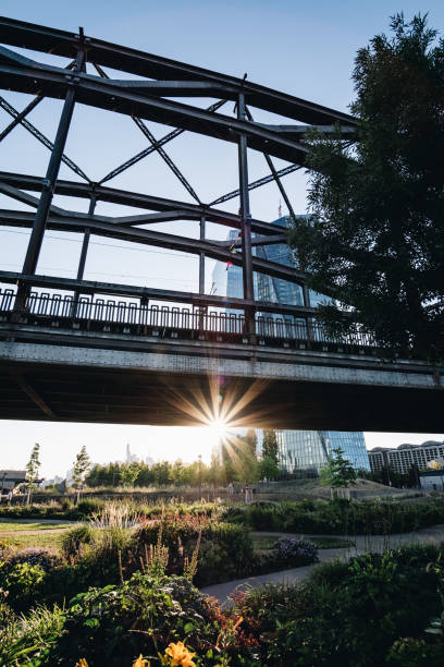 istock Sunrise over city skyline and trestle bridge 1438411014