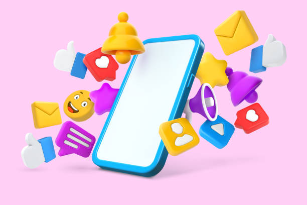 istock Social media smartphone mockup. Online communication, mobile device screen with 3D likes, notifications and messages icons vector Illustration 1438411022