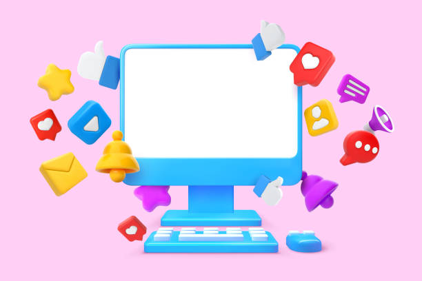 istock Social media computer screen mockup. Monitor, pc keyboard and mouse with 3D likes and messages icons vector Illustration 1438411025
