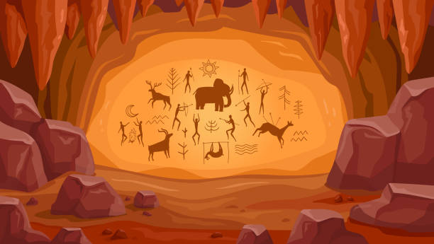 Prehistoric cave with paintings. Old cave drawings of primitive people, stone age art, ancient history and archeology vector Illustration Prehistoric cave with paintings. Old cave drawings of primitive people, stone age art, ancient history and archeology vector Illustration of prehistoric drawing ancient history stock illustrations