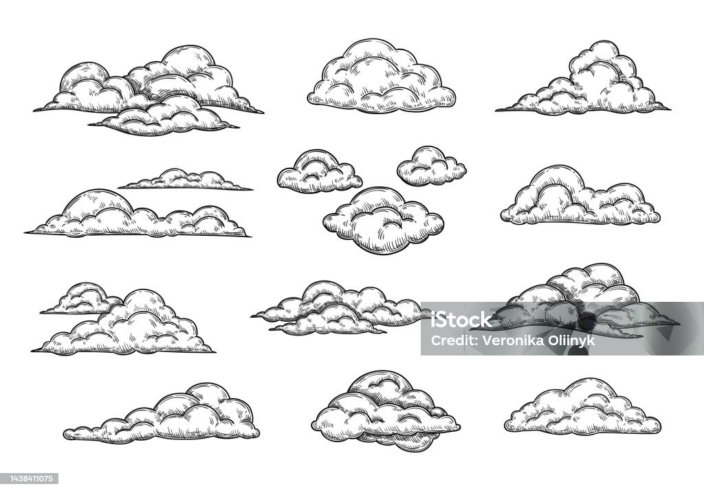 Phác Thảo Đám Mây Tay Vẽ Bút Chì Bầu Trời Mây Retro Đám Mây Hình Dạng Khắc  Và U Ám Các Yếu Tố Thời Tiết Cô Lập Vector Minh Họa Thiết Lập