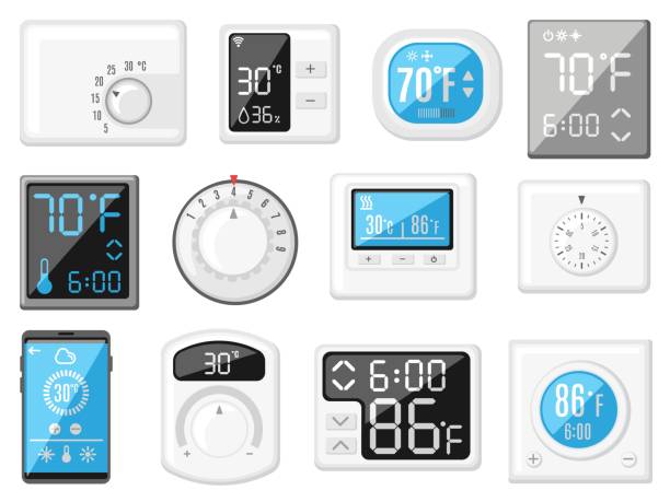 ilustrações de stock, clip art, desenhos animados e ícones de cartoon thermostat. smart home heating and cooling controller, thermometer with rotary knob and buttons. house climate control vector set - thermostat