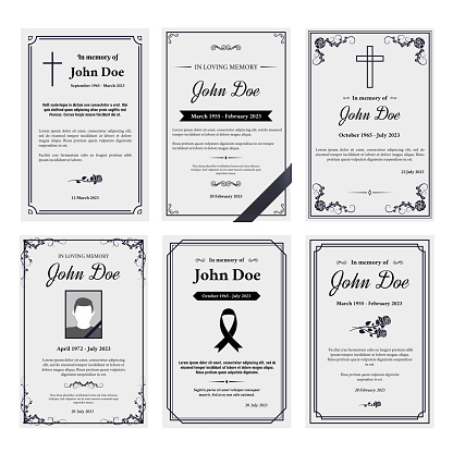 Condolence obituary card layout. In loving memory of, funerals invitation cover with black ribbon corner and grief sheet vector set of obituary layout, funeral template illustration