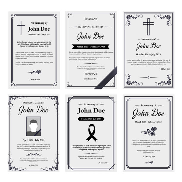 Condolence obituary card layout. In loving memory of, funerals invitation cover with black ribbon corner and grief sheet vector set Condolence obituary card layout. In loving memory of, funerals invitation cover with black ribbon corner and grief sheet vector set of obituary layout, funeral template illustration memorial stock illustrations