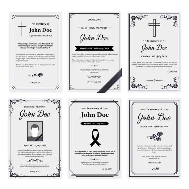 Vector illustration of Condolence obituary card layout. In loving memory of, funerals invitation cover with black ribbon corner and grief sheet vector set