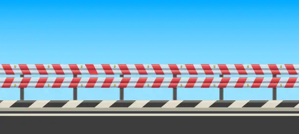 Vector illustration of Roadside with guard rail. Highway side with safety roadguard fence, striped crash barrier and traffic protection vector background illustration