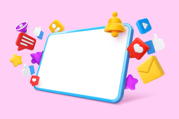 istock Social media tablet screen mockup. 3D internet communication icons, seo and social network promotion vector Illustration template 1438411181
