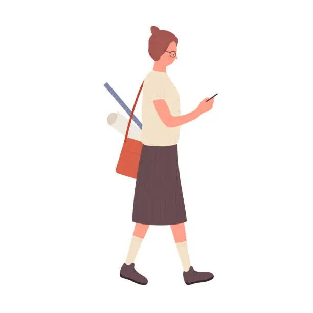 Vector illustration of Walking nerd girl with smartphone