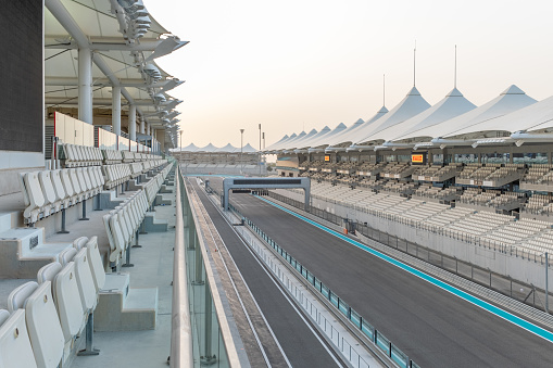 Abu Dhabi, United Arab Emirates – January 25, 2019: January 25, 2019 - Abu Dhabi, UAE: Empty seats and empty track of Yas Marina Circuit Abu Dhabi