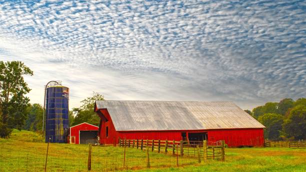 istock Red farming building ina gree meadow nder a blue cloudy sky 1438413138