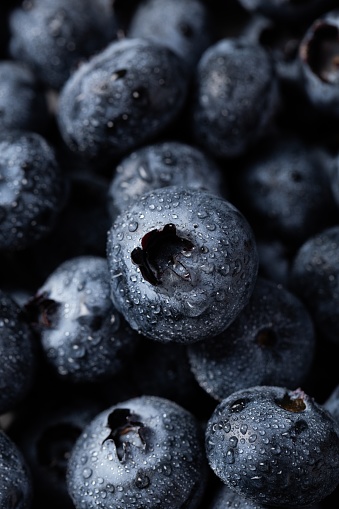 A closeup vertical shot of blueberries with water droplets