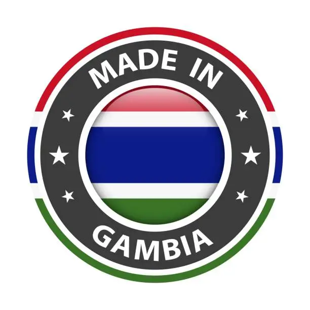 Vector illustration of Made in Gambia badge vector. Sticker with stars and national flag. Sign isolated on white background.